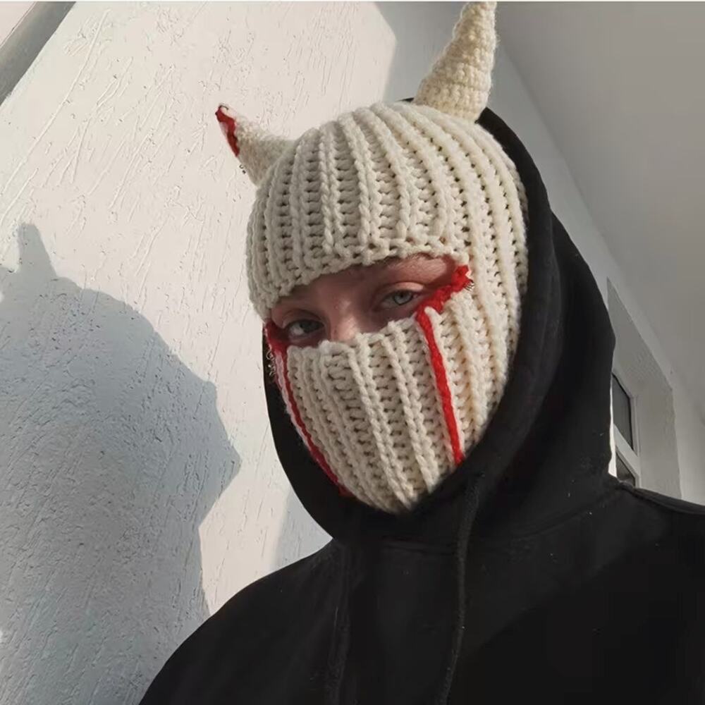 Goth Emo Dope Horned Ear Devil Tears Knit Ski Mask, Baklava Hat- Beige